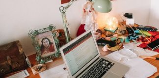 remote work desk with open laptop