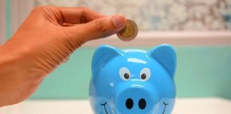 person putting money into piggy bank