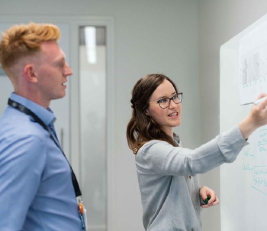 teacher and student at white board