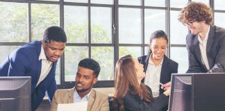 Group of workers having a discussion